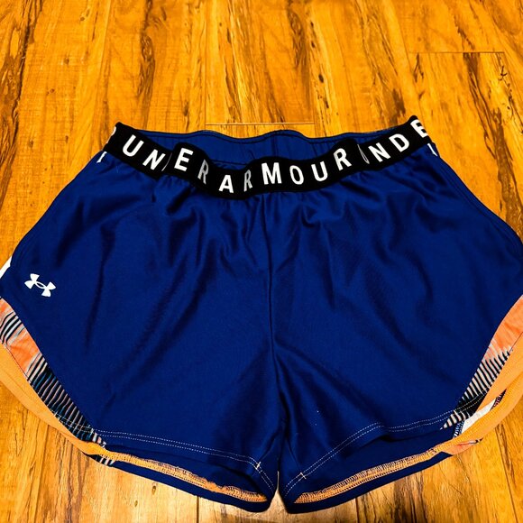 Under Armour Women's Play Up 2-in-1 Shorts – Navy with Orange Trim, Size Large - Picture 1 of 1
